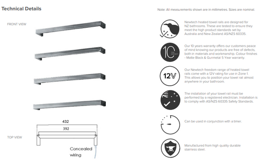 Square Heated Towel Rail 432mm - Brushed Copper