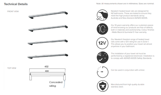 Round Freedom Heated Towel Rail 432mm - Brushed copper
