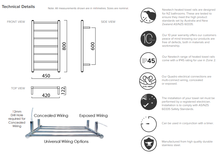 Square 7-Bar Heated Towel Rail 800 x 450mm - Brushed Copper