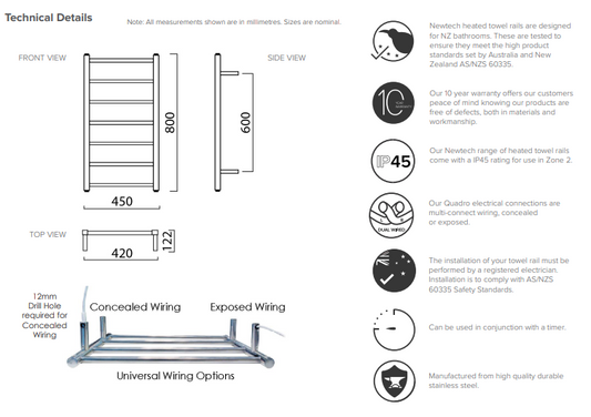Square 7-Bar Heated Towel Rail 800 x 450mm - Brushed Copper