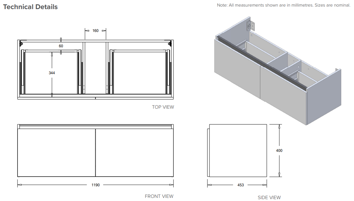 Oxley 1200 Wall Hung 2 Drawer Vanity in Snow White with Via Stonecast Basin