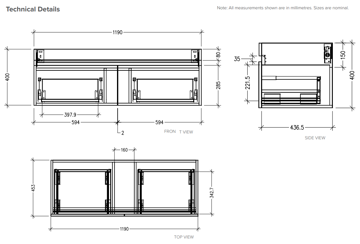 Brookfield 1200 Wall Hung 2 Drawer Vanity in Gloss White with Single Ari Stonecast Basin