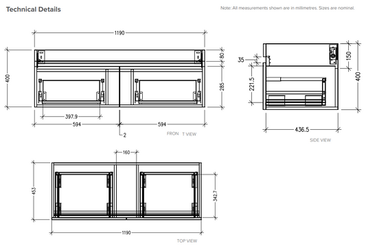 1200 Wall Hung 2 Drawer Vanity in Gloss White with Single  Stonecast Basin