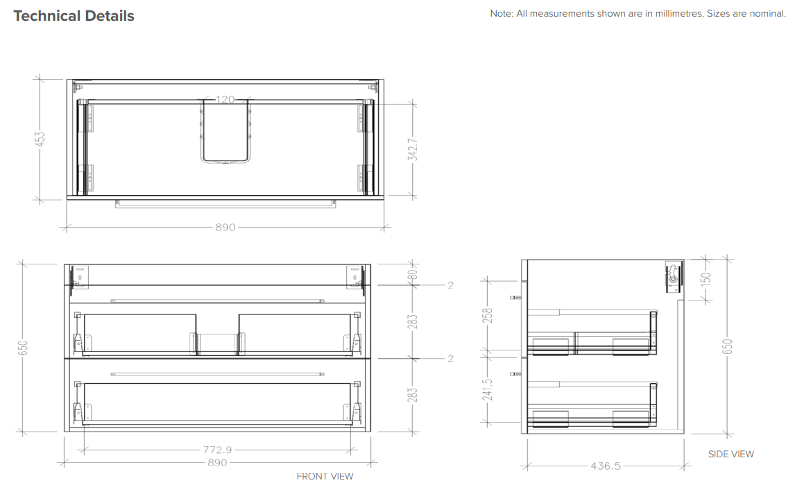 Citi 900 Wall Hung 2 Drawer Vanity in Charred Elm with Single Ponti Stonecast Basin