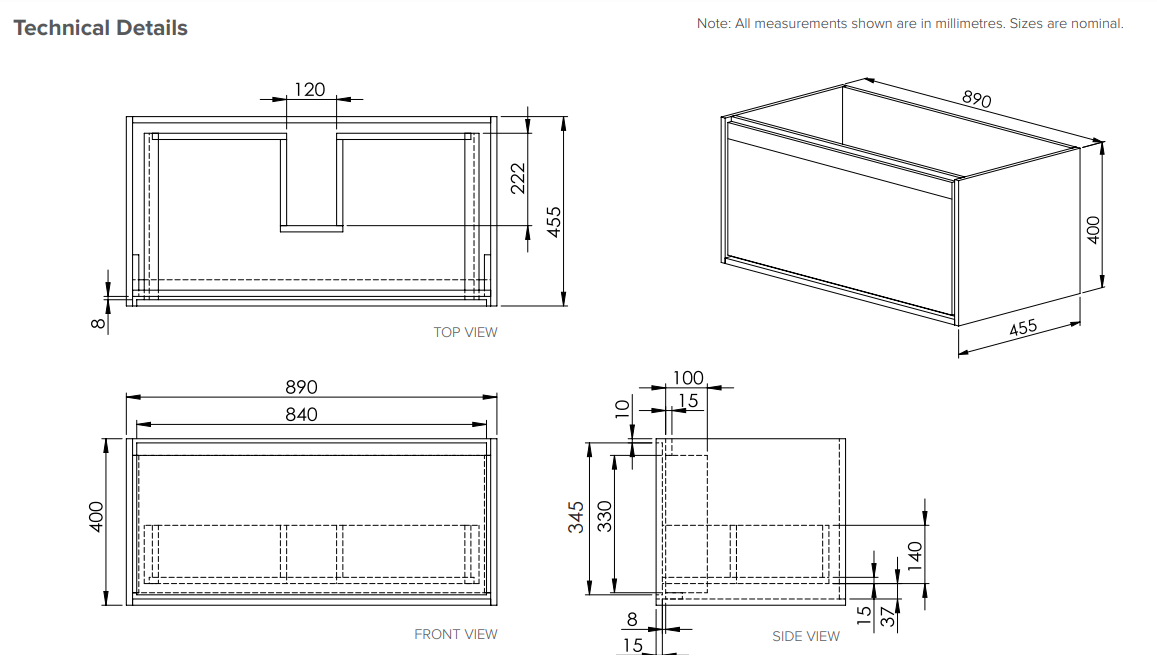 Avila 900 Wall Hung 1 Drawer Vanity in Blanco Oak with Single Matte White Via Stonecast Basin (No Tap Holes)