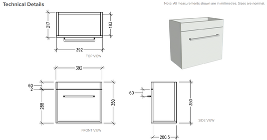 Tivoli 550 Single Tier Wall Hung Vanity in Gloss White with Interchangable Overhang Basin