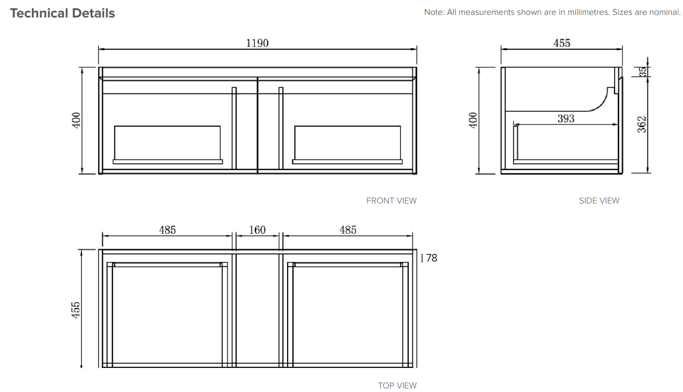 Kolum 1200 Wall Hung 2 Drawer Vanity in American Walnut with Right Hand Cosmetic Drawer and Single Ari Stonecast Basin