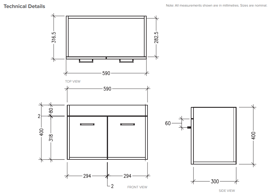 Rakaia 600 Wall Hung 2 Door Vanity in Gloss Black with 50mm Stonecast Basin