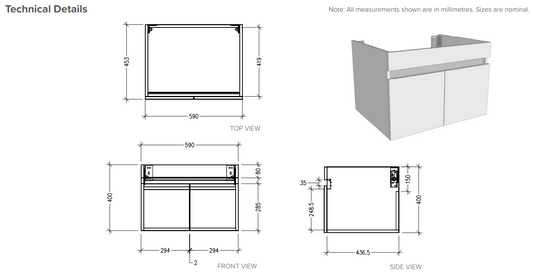 Lexa 600 Wall Hung 2 Door Vanity in Gloss White with Astra Basin