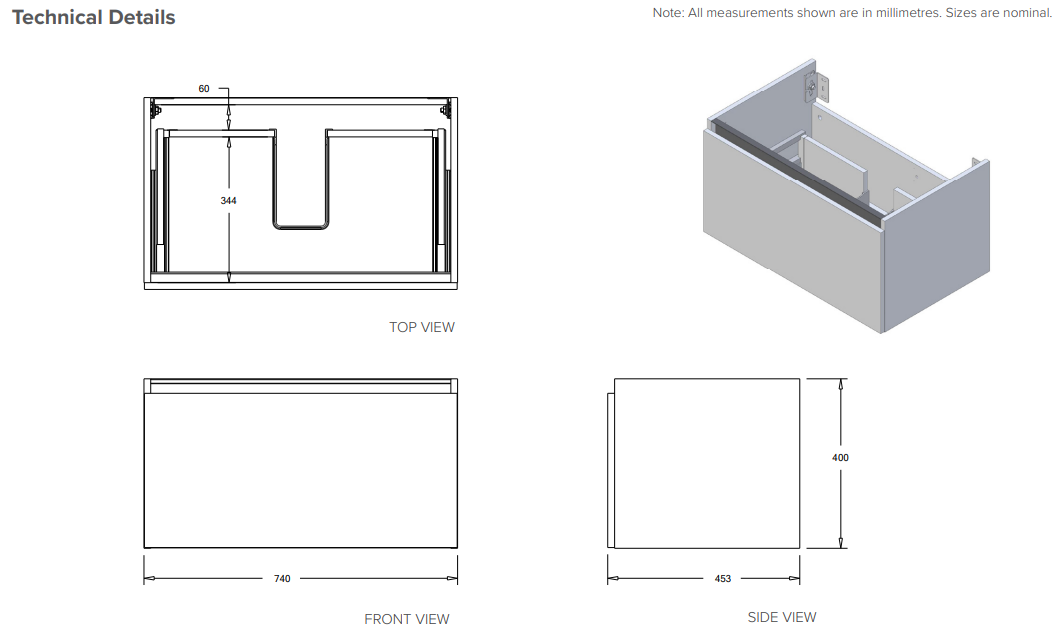 Oxley 750 Wall Hung 1 Drawer Vanity in Matte Black with Vercelli Basin