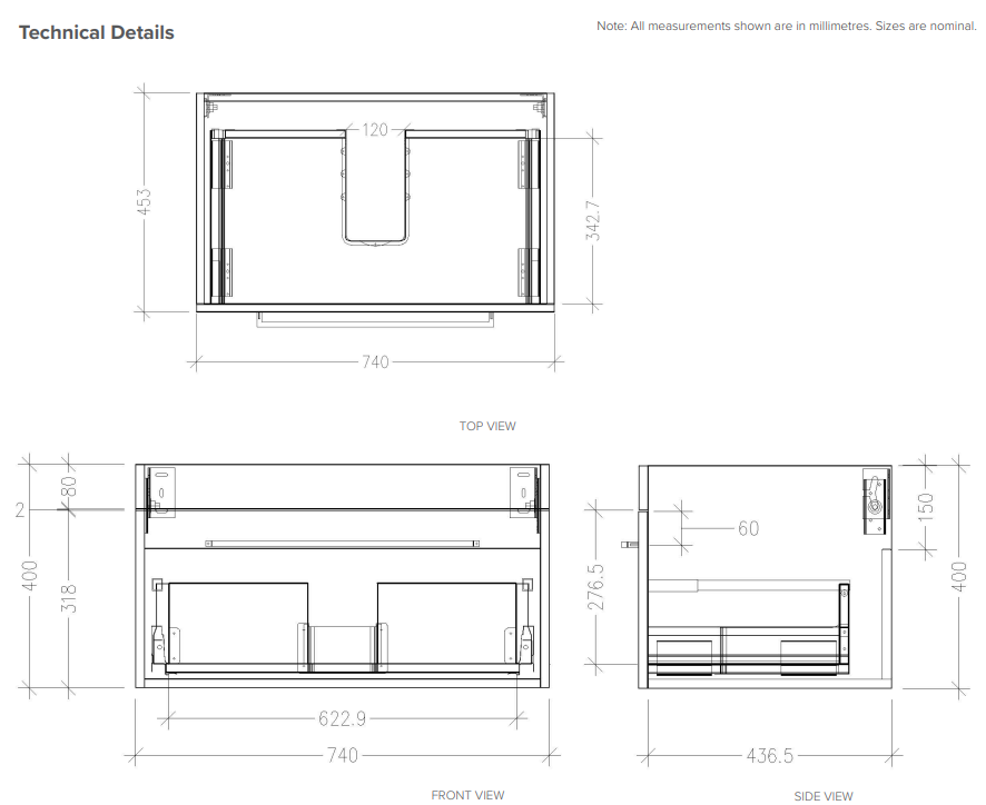 Citi 750 Wall Hung 1 Drawer Vanity in Cinder with Vercelli Basin