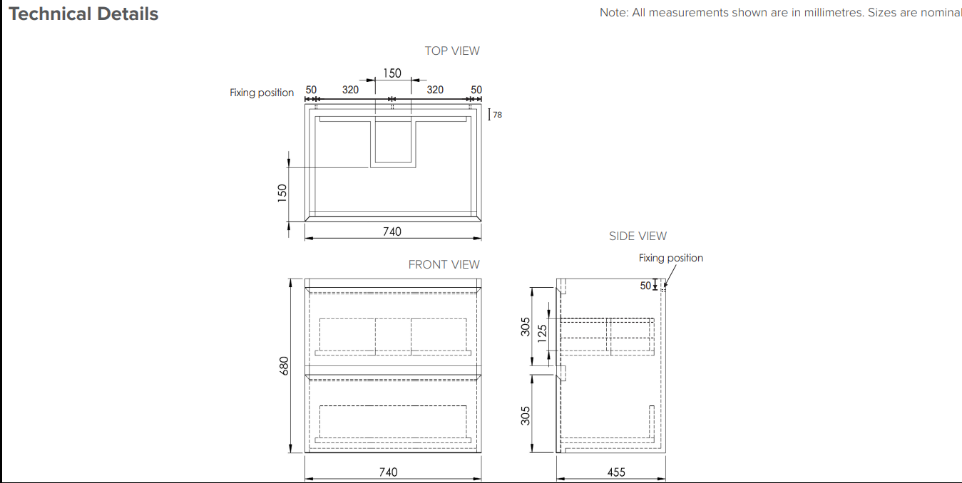 Dark Oak 750 Wall Hung 2 Drawer Vanity with China Basin