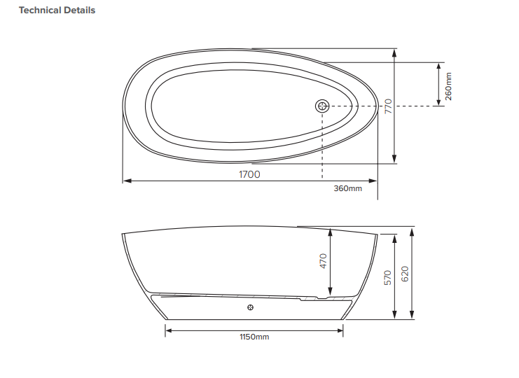 1700 Elliptical Freestanding Bath - Gloss White