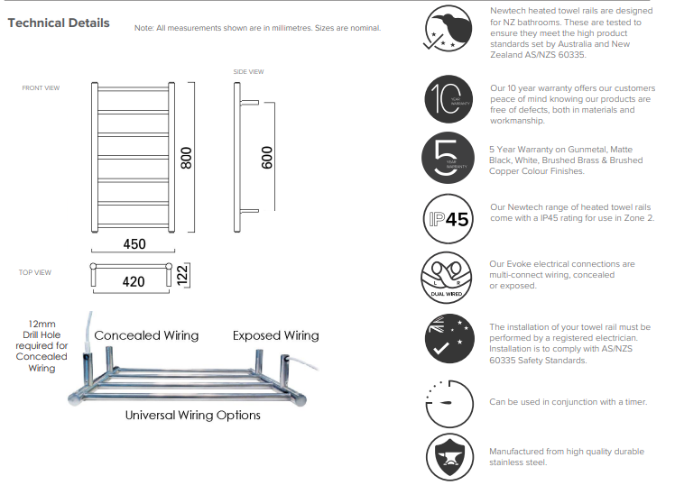 Round 7-Bar Heated Towel Rail 450mm - Brushed Copper