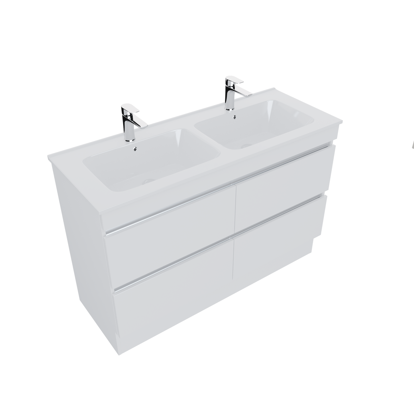 Newtech Brookfield 1200 Floorstanding 4 Drawer Double Basin Vanity in Gloss White with Delgado Stonecast Double basin